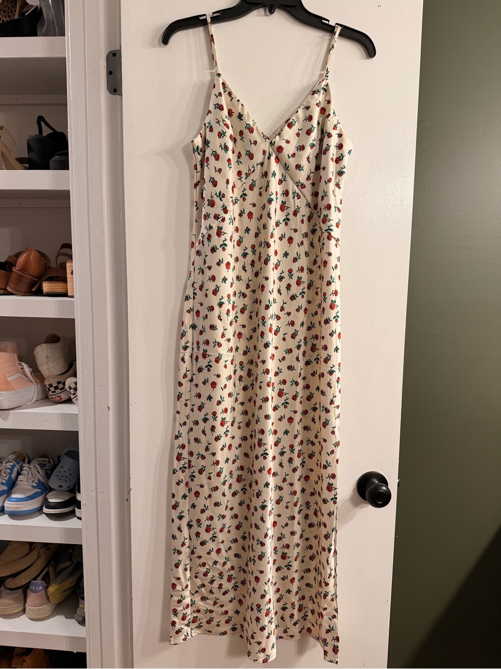 New Day Cream Slip Dress with Red & Green Rose Print
